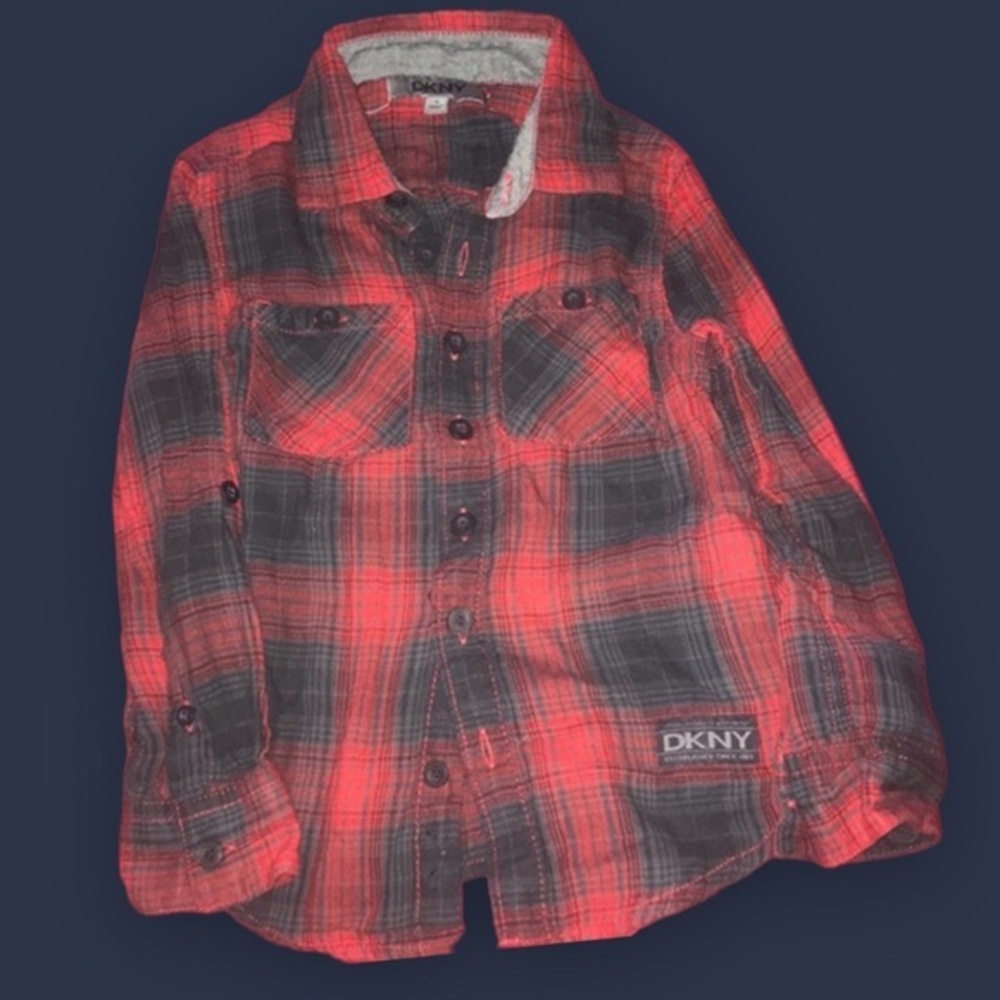 DKNY Kids Red Black Plaid Flannel Button Down Shirt Size 4